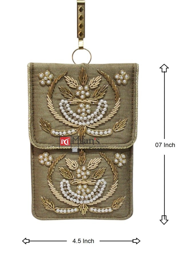 MILAN'S CREATION Exclusive Mobile Pouch Zardozi Hand Embroidery With Waist Clip Hook & Sling Chain (removable) | Ladies Women’s Handbag Wallet Sling Purse | Party Wedding Festival Giveaways Gift | (Antique Gold) - Image 2